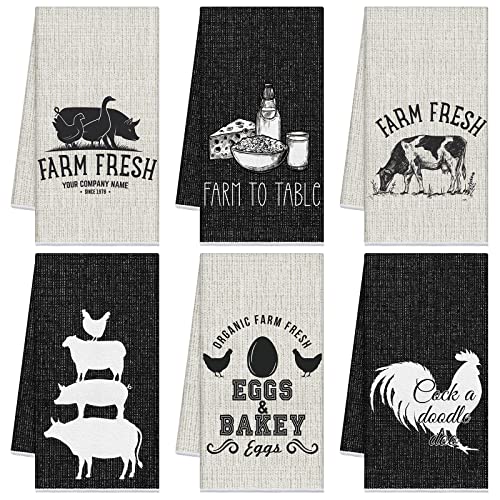 Redbaker 6 Pcs Farm Animal Kitchen Towels Farmhouse Funny Dish Towel | Rustic Hand Towel Rooster Cow Pig Decorative Tea Dishcloth Absorbent with Hanging Loop for Kitchen Bathroom Housewarming Gift - style: Farm