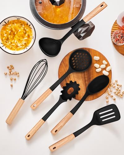 Kitchen Utensils Set, 13PCS Silicone Cooking Utensils, Heat Resistant Kitchen Utensil Spatula Set for Nonstick Cookware, Wooden Handles Kitchen Gadgets Tools Set - color: Black