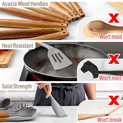 Zulay Kitchen 8 Piece Silicone Utensil Set | Non-Stick Silicone Cooking Utensils Set with Acacia Wood Handles - 464°F Heat Resistance Kitchen Utensils Set - Gray - color: Elegant Grey, size: 8-Piece Set