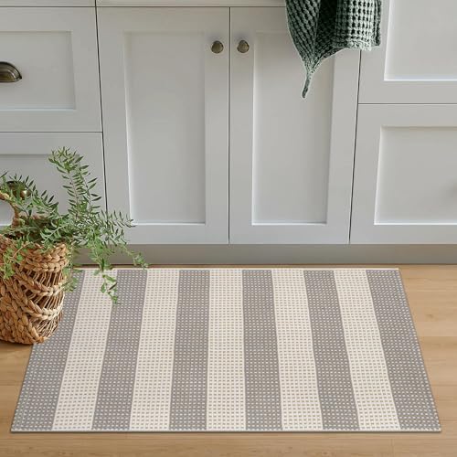 Front Door Mat Outside Entrance 24"x36" Striped Small Outdoor Rugs | Machine Washable Porch Rug Indoor Outdoor Rugs Doormat Cotton Woven Entryway Rug Striped Area Rugs for Kitchen Gray/White - color: Gray/Tan/White, size: 2' x 3' (Rectangular)