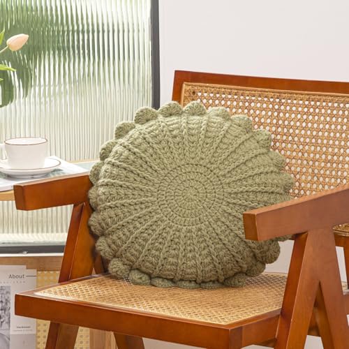 Knitted Throw Pillow Round Couch Pillow (Olive Green, 18inch) | Include Insert Handmade Decorative Plush Pillow Cute Cushion - color: Olive Green