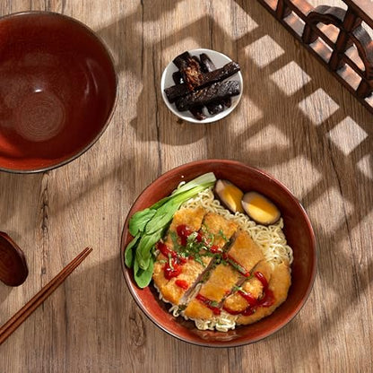 8 Inch Ceramic Ramen Bowl Set of 2, 40oz Japanese Bowls with Spoons & Chopsticks,Durable,Microwave & Dishwasher Safe,Perfect for Ramen,Pho,Salad,Soup,Noodles，Mixing bowls（Carnelian） - color: Carnelian