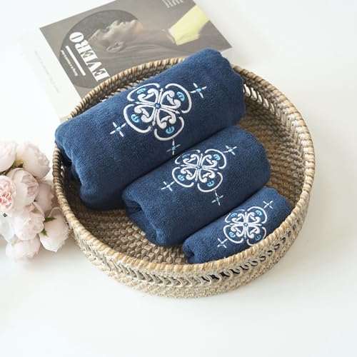 Marina Decoration Premium Luxury Decor Ultra Soft 100% Cotton Embroidered Bathroom Modern 3 Piece Towel Set, White Blazon with Royal Blue Base Pattern - color: White Blazon With Royal Blue