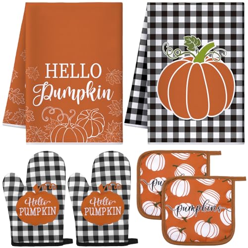 Leinuosen 6 Pack Fall Thanksgiving Kitchen Set with 2 Hello Pumpkin Dish Towels, 2 Pot Holders and 2 Buffalo Plaid Oven Mitts for Gifting, Baking and Cooking - color: Rich Color, style: Pumpkin