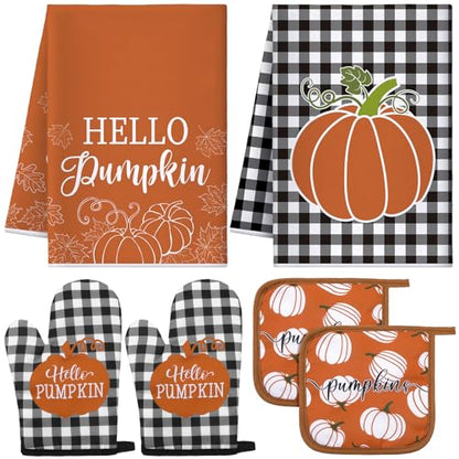 Leinuosen 6 Pack Fall Thanksgiving Kitchen Set with 2 Hello Pumpkin Dish Towels, 2 Pot Holders and 2 Buffalo Plaid Oven Mitts for Gifting, Baking and Cooking - color: Rich Color, style: Pumpkin