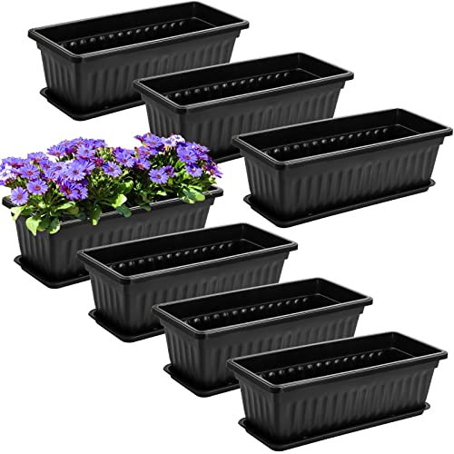 Fasmov 7 Pack 17 Inches Flower Window Box Plastic Vegetable Planters with Trays Vegetables Growing Container Garden Flower Plant Pot with 7 Pcs Plant Labels for Balcony, Patio, Garden, Black - color: 7pack,black