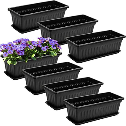 Fasmov 7 Pack 17 Inches Flower Window Box Plastic Vegetable Planters with Trays Vegetables Growing Container Garden Flower Plant Pot with 7 Pcs Plant Labels for Balcony, Patio, Garden, Black - color: 7pack,black