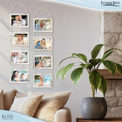 4x6 Hanging Picture Frames Collage with 8 Openings - Distressed White, 2 PK | Icona Bay casual style engineered wood frames, designed for wall hanging, space-saving photo display, Bliss collection - color: Distressed White, size: 4x6