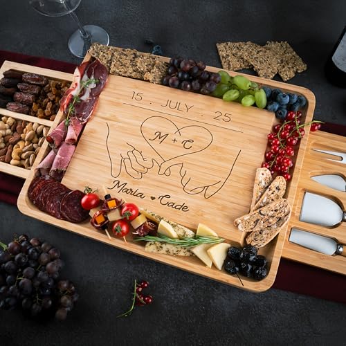 Personalized Charcuterie Board Gifts Set, Custom Engraved Large Bamboo Cheese Platter & Nut Tray, Unique Wedding, Anniversary, Housewarming, Birthday Gift for Couples