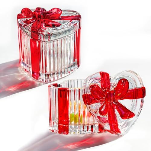 kanpura 2 Pack Glass Heart Shaped Jewelry Box Candy Dish with Lid Ring Earring Trinket Storage Box Vintage Jewelry Organizer Decorative Jar Gifts for Women Girls(Red & Clear) - color: Red