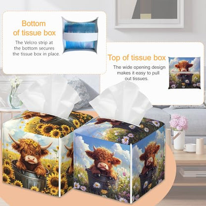 Flower Highland Cow 2 Pcs Tissue Box Cover Square, Spring Summer Tissue Box Holder Waterproof Leather Facial Paper Organizer Dispenser for Bathroom Home Car Nightstand - color: Flower Highland Cow