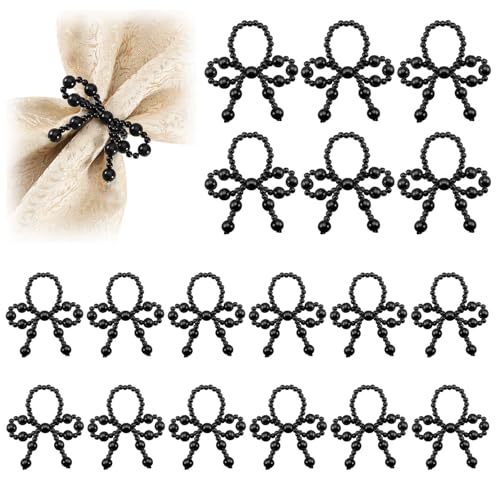 18 Pcs Black Pearl Napkin Rings Adjustable Imitation Pearl String Elegant Napkin Holders for Weddings Dinner Parties and Everyday Use - color: Black