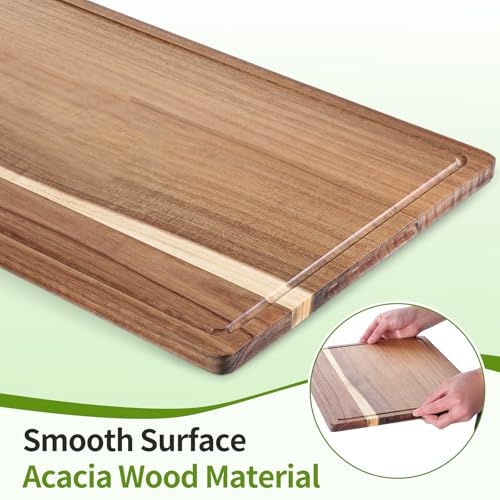 17.3x11.8 Inch Acacia Wood Cutting Boards for Kitchen, Reversible Wooden Chopping Board Large Wooden Charcuterie Board with Deep Juice Grooves & Non-Slip Handle for Meat Turkey Fruit and Cheese