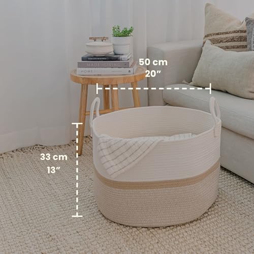 OrganiHaus Round Toy Basket & Blanket Basket, Cotton Rope 20x13" | Striped Honey - Round Cotton Rope Basket, 20x13" - color: Striped Honey, size: Wide