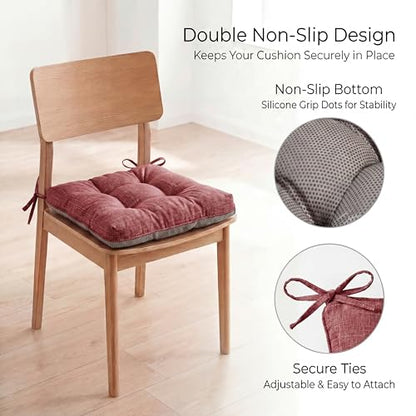 Chair Cushions for Dining Chairs Set of 4, 15.5" x 15.5" x 3.5" Kitchen Chair Cushions with Ties, Upgraded Silicone Non-Slip Bottom, Premium Shredded Memory Foam Chair Pads, Red - color: Red