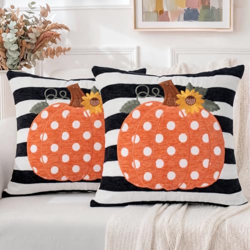 Embroidery Fall Pumpkin Pillow Covers Set of 2(Black & White,20x20) | Soft chenille, black-and-white stripe design, applique pumpkin and sunflower embroidery, hidden zipper, for sofa and bed - size: 20" x 20" (Pack of 2)