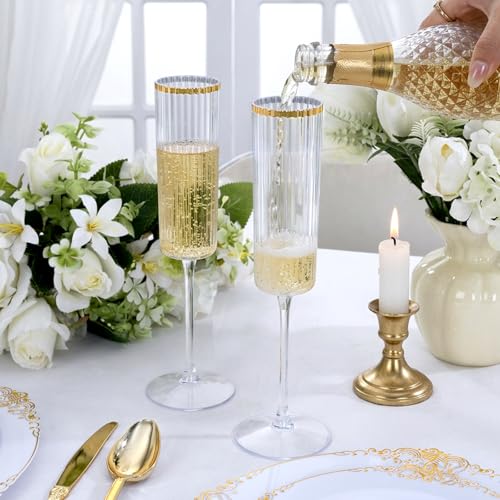 36PCS Plastic Champagne Flutes Ribbed for Weddings & Parties | Gold trim Champagne Glasses, 6 oz, Elegant Sparkling Wine Stemware, Disposable yet Sturdy, for Toasting at Anniversaries