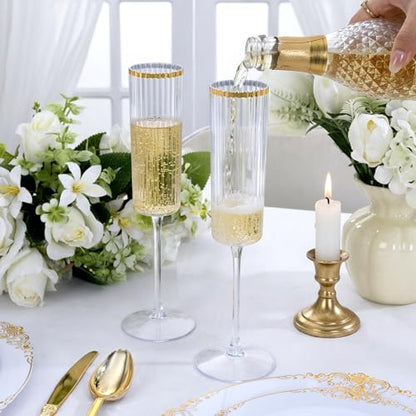 36PCS Plastic Champagne Flutes Ribbed for Weddings & Parties | Gold trim Champagne Glasses, 6 oz, Elegant Sparkling Wine Stemware, Disposable yet Sturdy, for Toasting at Anniversaries