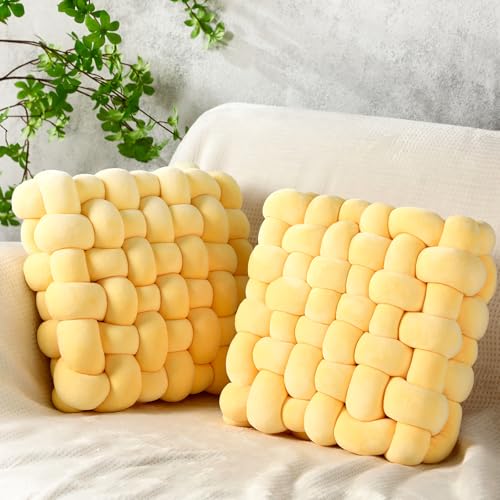 Wenqik 2 Pcs Knot Pillows Square Knotted Plush Throws Soft Accent Pillows Decoration Cushion for Couch Home Office Living Room Bedroom Bed Sofa Decor, 12'' x 13''(Goose Yellow,Crystal Velvet) - color: Goose Yellow