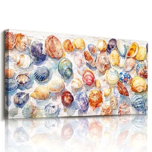 imjiayu Oversized Seashell Wall Art, Boho Summer Beachy Colorful Paintings | 29x57 In, Shell Collection, White Background Coastal Art, Seashell Beach Print, Coastal Watercolor, Beach House Decor - color: Multicolored Seashells, size: 57"L x 29"W