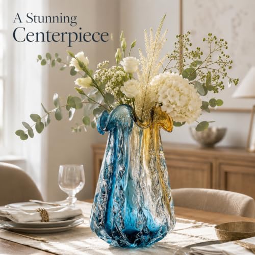14.6" Tall Large Clear Glass Vase Wide Mouth, Pretty Hand Blown Glass Vase for Bouquet, Unique Teal and Amber Sea Vases for Modern High End Living Room, Office, Dining Table Centerpieces - size: Large