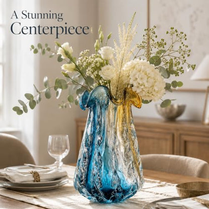 14.6" Tall Large Clear Glass Vase Wide Mouth, Pretty Hand Blown Glass Vase for Bouquet, Unique Teal and Amber Sea Vases for Modern High End Living Room, Office, Dining Table Centerpieces - size: Large