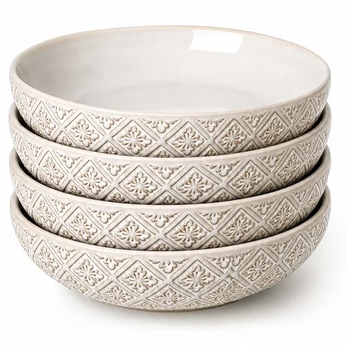 22 Oz Pasta Bowls Set of 4, Ceramic Soup Bowls, 8 inch Large Serving Bowl, Porcelain Kitchen Embossed Dish for Salad, Fruit, Rice, Desserts, Housewarming Wedding Gifts, Dishwasher Safe - color: Floral 2