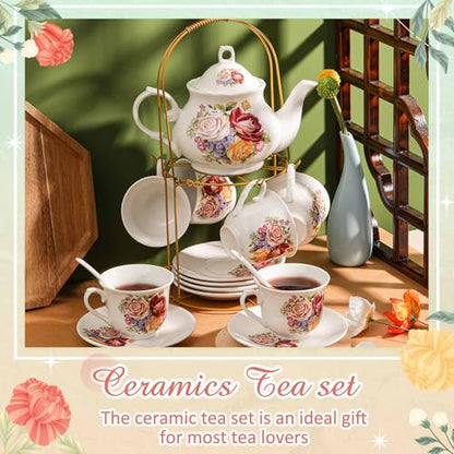 Zhehao 20 Pcs Porcelain Tea Set with Metal Holder and Spoon Adult Ceramic Tea Set European Flower Painting Teapot Cup Saucer Spoon for Women Mom Gift, Large Version (Groovy Style) - color: Styleish Style