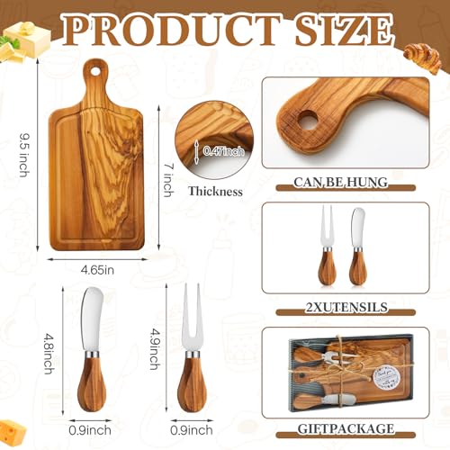 1 Set Bridal Baby Shower Cheese Prizes Wooden Square Board Gift Set Knives Forks Thank You Tags with Box for Guests for Valentines Bridal Baby Shower Housewarming (Olive Wood) - color: Olive Wood Color