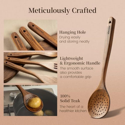 Kikcoin 10 PCS Durable Natural Teak Wooden Cooking Utensil Set, Non Toxic Wooden Spoons for Cooking, Wooden Utensil Set for Cooking with Comfort Grip, Nonstick & Easy to Clean Wood Kitchen Utensil Set - size: 10-Piece Set