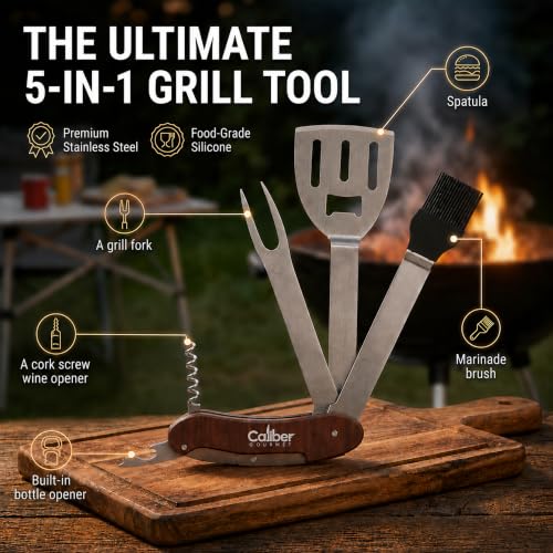 5-in-1 Multi Tool BBQ Barbecue Grill Accessories, Tools Set Kit, Camping Accessories, Grilling Parties, Detachable, Includes Brush, Spatula, Fork, Bottle Opener, Wine Corkscrew