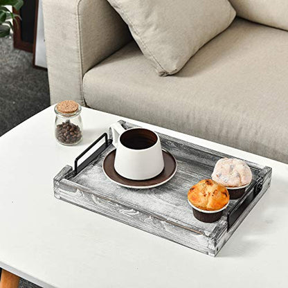 Country Rustic Torched Wood Nesting Breakfast Serving Trays with Handles, Set of 3 (White Grayish) - color: White Grayish