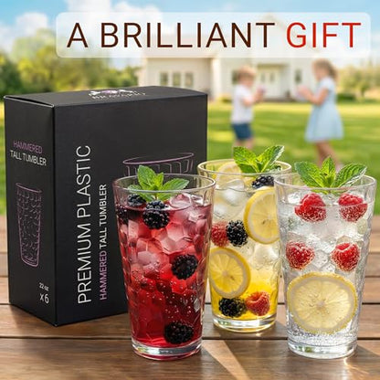 Bravario Hammered Plastic Drinking Glasses Set of 6-22 oz Clear Reusable Cups, Durable Dishwasher Safe Highball Tumblers, Stackable BPA & EA-Free - size: Tall - Set of 6