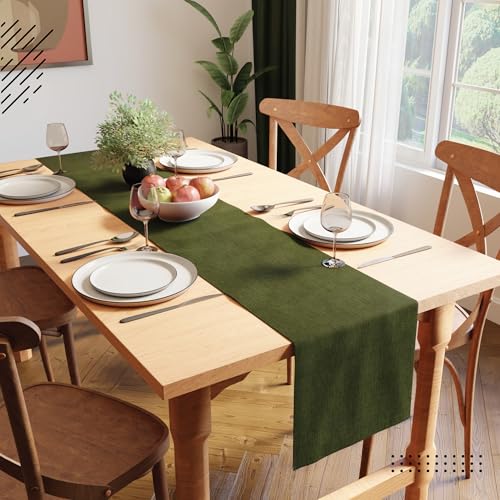 Encasa XO Table Runner 4 to 6 Seater, Soft Chenille 13"x72" | Moss green, Woven Rib Texture | Machine Washable | Colorfast & Shrink Resistant | Durable Polyester Yarns - color: Moss Green, size: 13x72 in