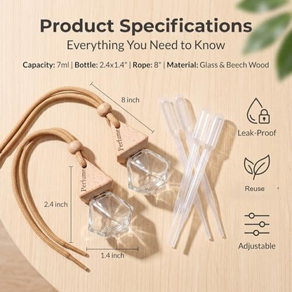 2-Pack Rhombus Refillable Hanging Car Diffuser Empty Glass Bottle | Wood cap hanging aroma pendant with dropper, holds essential oils for car home closet office - size: Rhombus - 2PCS
