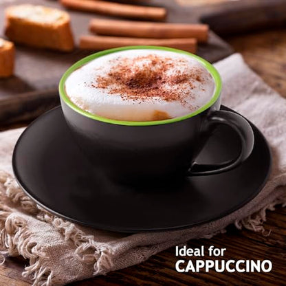 MIAMIO - Set of 6, Ceramic Stackable Cappuccino Cups Set / 6 Ounce Cappuccino Mugs and Saucer with Metal Stand for Coffee Drinks, Cafe, Latte, Americano and Tea - Le Papillon Collection (Green) | Ceramic Cappuccino Cup Set of 6, Cappuccino Mugs & Saucer w