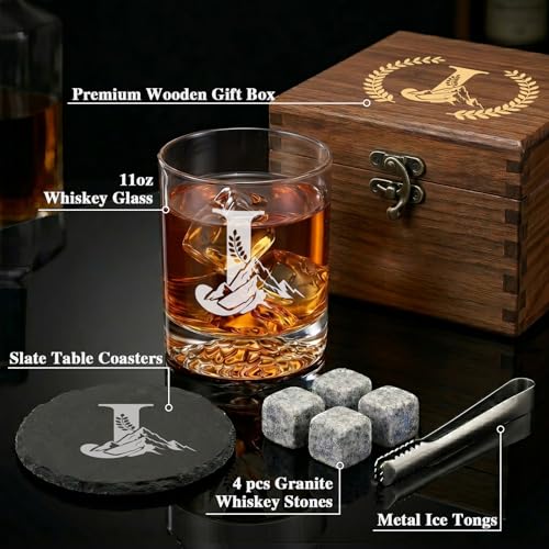 Personalized Whiskey Glass Gift Set for Men – Monogrammed Initial Rocks Glass with Slate Coaster, Wooden Box & Whiskey Stones, Birthday Father's Day for Him Dad Husband (J) - style: J
