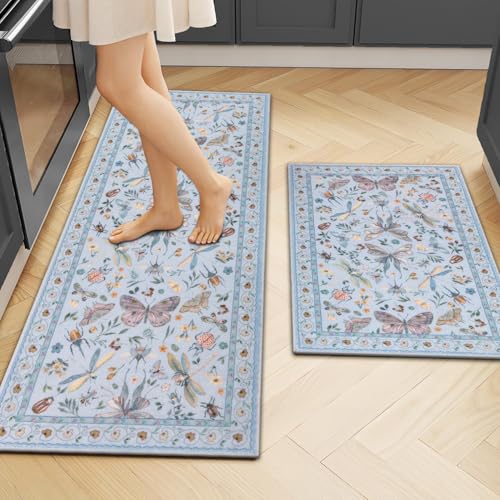 Kitchen Rugs Sets of 2, Non Slip Washable Kitchen Mats for Floor, Stain Resistant Farmhouse Floor Mat Carpet Runner for Kitchen Sink Office Laundry Hallway, Blue 20"x32"+20"x48" - color: Blue