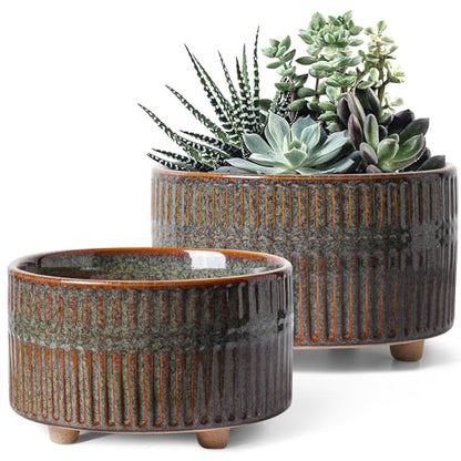 LE TAUCI Succulent Pots, 6.5+8 Inch Ceramic Pots for Plants Indoor, Shallow Round Succulent Planters with Drainage Hole, Set of 2, Reactive Glaze Black - color: Reactive Glaze Black