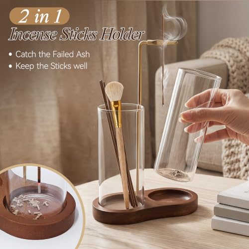 2 in 1 Incense Holder,Wood Incense Sticks Holder with Glass Ash Catcher and Brush,Upside Down Anti-Ash Incense Stick Burner for Spa,Meditation,Home Decor