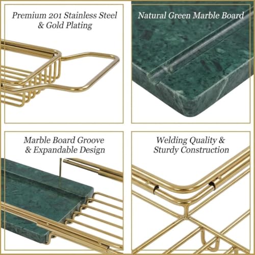 Expandable Stainless Steel Bathtub Caddy Tray with White Marble Board, | Extra Wide Rustproof Shelf, Book Tablet & Wine Glass Stand For Luxury Home Spa(Gold+Green) - color: Gold+green