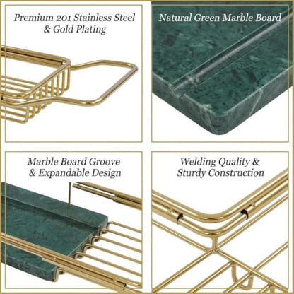 Expandable Stainless Steel Bathtub Caddy Tray with White Marble Board, | Extra Wide Rustproof Shelf, Book Tablet & Wine Glass Stand For Luxury Home Spa(Gold+Green) - color: Gold+green