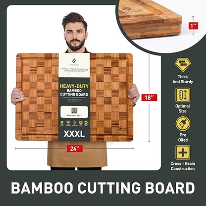 XXX Large Bamboo Cutting Board with Non Slip Feet and Over Sink Butcher Block Chopping Board Nice Solid Thick Wooden Juice Groove Huge Big XXl xlarge Best Hardwood Kitchen Counter Organic - size: 24"L x 18"W