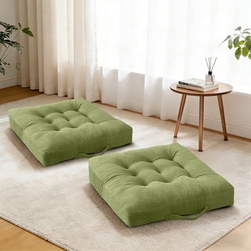 Floor Cushion Green Portable Chair Pads with Handle 2 Pack, 18x18 Inch Tufted Velvet Square Floor Cushions, Comfortable Seats for Kitchen Bar Stools & Patio - color: Green