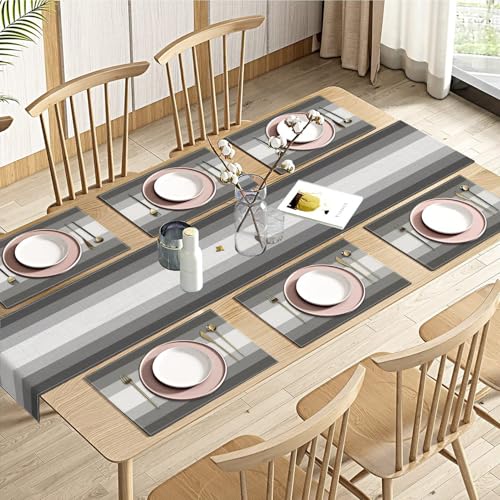 Emvency Table Runner and Placemats Set of 6, Abstract Geometric Modern | Gradient Art Dining Decor for Daily Use(1 Table Runner 72 inches Long and 6 Placemats) - color: Grey White Gradient