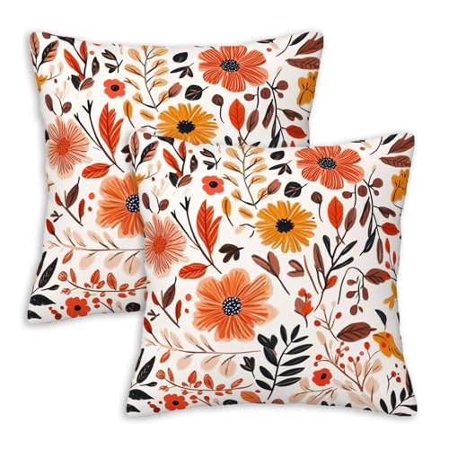Fall Floral Throw Pillow Covers 18x18 Set of 2 | Autumn Wildflower Decorative Cushion Covers for Couch Sofa Living Room | Rustic Botanical Pillowcases for Bedroom Farmhouse Home Decor - color: Fall Floral