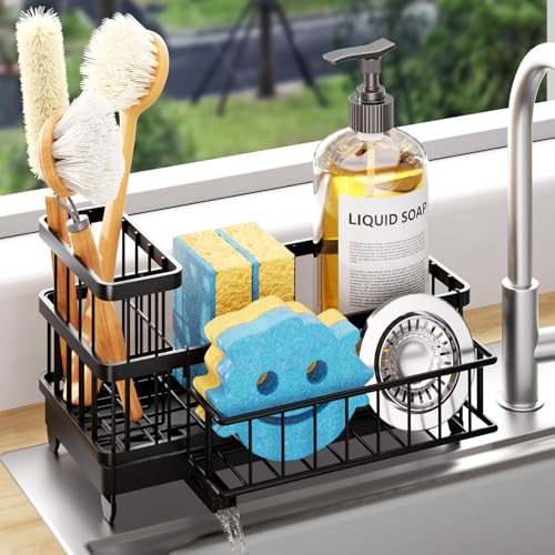 Consumest Sponge Holder for Kitchen Sink - Auto Draining Sink Caddy Organizer with Detachable Rack, High Brush Holder, Kitchen Countertop Storage Accessories, Black - color: Black, size: Large