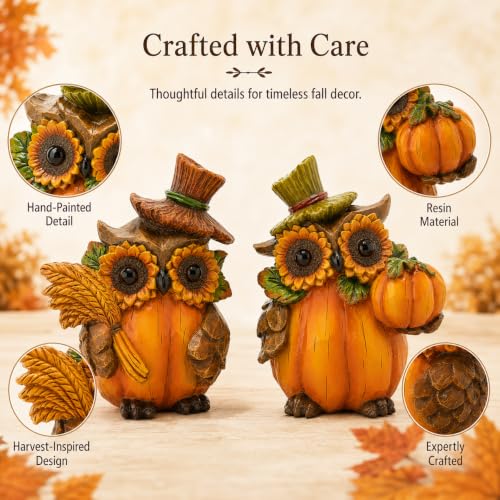 Hodao Owl Sculpture - Resin Thanksgiving Decor, Handmade Fall Centerpiece in Country Style, Unique Patented Design, 5.5 inches Tall