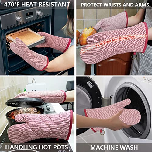 Yarn Dyed Oven Mitts 1 Pair， 100% Cotton Heat Resistant 470 Degree | Oven Gloves for Men Women Cooking Baking Barbecue BBQ Microwave Crafting Machine Washable Pot Holders Mittens (Red 2) - color: Oven Mitts - Red 2