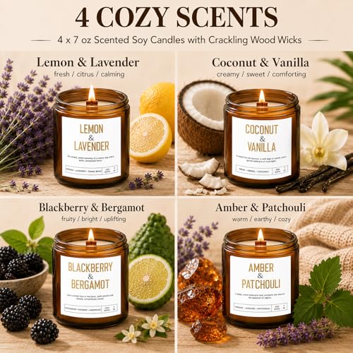 Scented Candle Gift Set, 4 Pack Long Lasting Amber Candles with Wooden Wick | Birthday Gifts for Women and Men, Candles with Amber Patchouli, Vanilla Coconut, Lemon Lavender, Blackberry & Bergamot - color: 4-Pack Amber Candles
